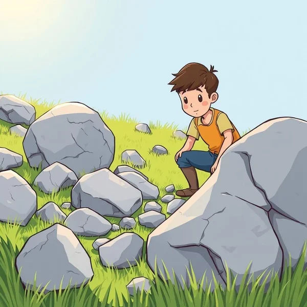 Illustration of someone carefully checking under stones, symbolizing the idiom Leave No Stone Unturned