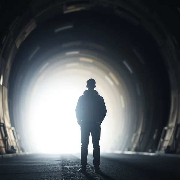 Woman looking towards a light, representing the idiom Light At The End Of The Tunnel
