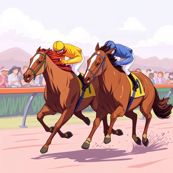 Ilustração de dois cavalos em uma corrida, correndo Neck And Neck