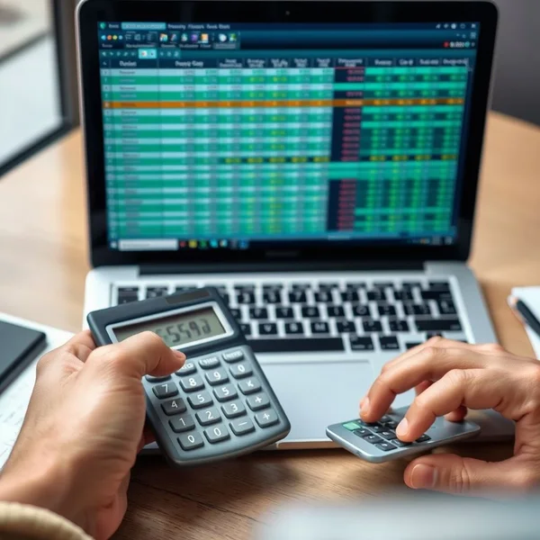 A person working with calculators and spreadsheets, a visual representation of a Number Cruncher