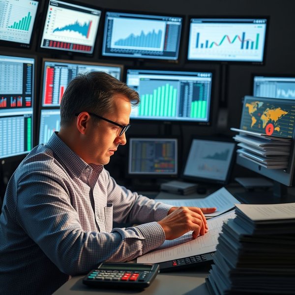 A person working with calculators and spreadsheets, a visual representation of a Number Cruncher