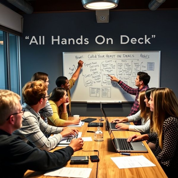 İnsanların birlikte çalıştığını gösteren "All Hands On Deck" deyimini temsil eden görsel