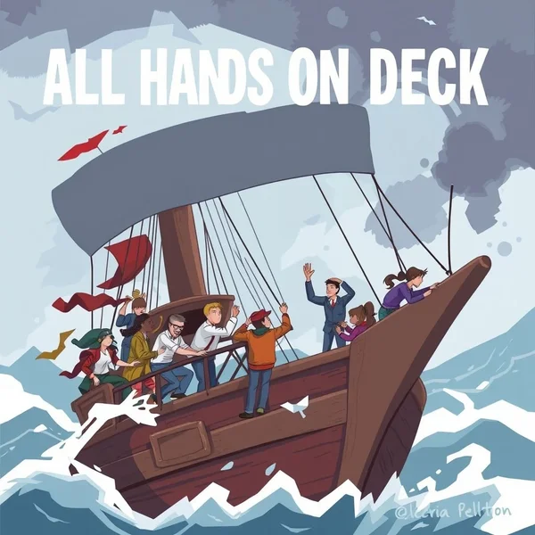 Afbeelding die het idiom "All Hands On Deck" uitbeeldt met mensen die samenwerken