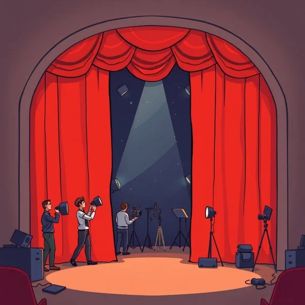 무대 커튼이 살짝 열려 있고, 작업 중인 사람들을 보여주는 Behind The Scenes 개념 일러스트 그림