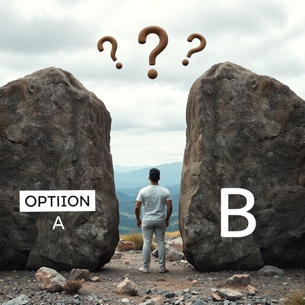 Karı-koca arasında kararsız duran adam, "Between A Rock And A Hard Place" deyimini sembolize ediyor