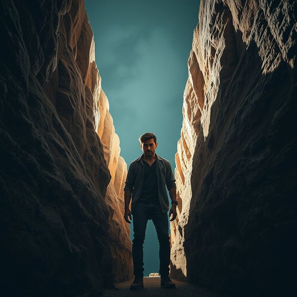 葛藤している男性、"Between A Rock And A Hard Place"のイディオムを象徴する画像
