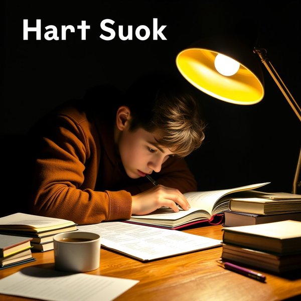 Öğrenci gece geç saatlerde kitaplara odaklanmış, Burn The Midnight Oil yapmayı gösteren görsel
