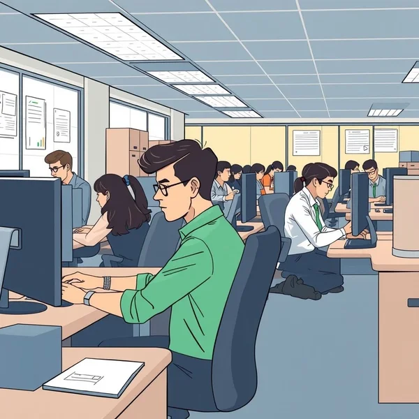 Her şeyin normal devam ettiğini gösteren ofis sahnesi, Business As Usual anlamını betimliyor