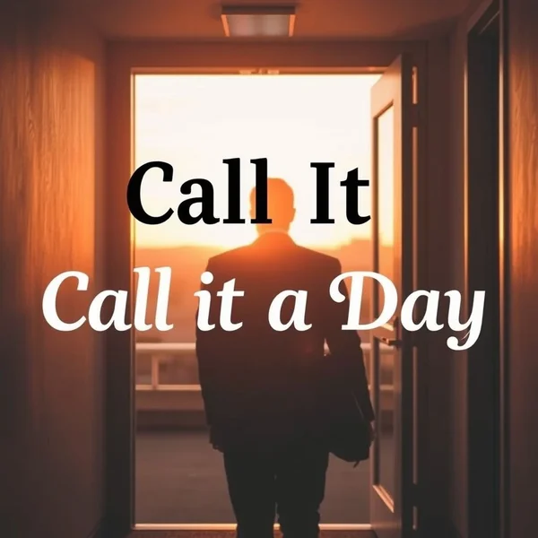 사무실을 나가는 사람 또는 일터에 지는 해를 보여주는 이미지, 텍스트 'Call It A Day'
