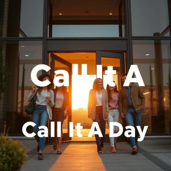 Immagine che mostra una persona che lascia un ufficio o un tramonto su un luogo di lavoro, con il testo 'Call It A Day'