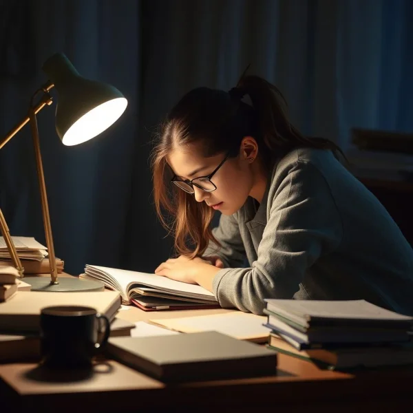 Uno studente concentrato sui libri fino a tarda notte, illustrando come Burn The Midnight Oil