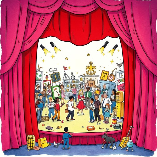 Une illustration d’une scène avec les rideaux légèrement ouverts, révélant des personnes au travail, représentant le concept de Behind The Scenes