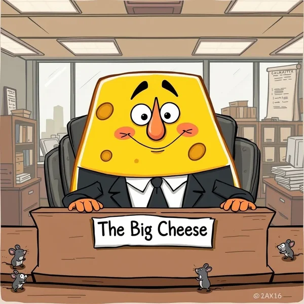 Een gestileerde afbeelding die een belangrijk persoon voorstelt, misschien met een subtiel kaasmotief, met de tekst "The Big Cheese: An Important Person Idiom"