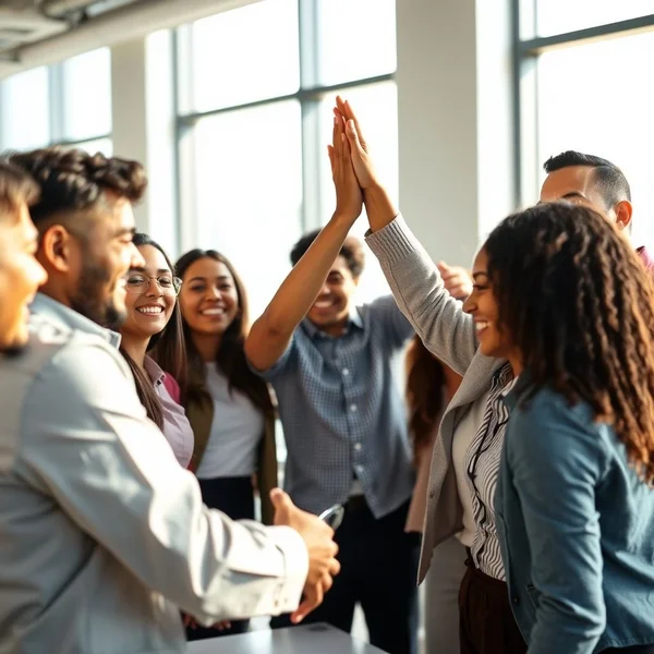 展现团队欢呼的图片，说明 Boost Morale 的概念