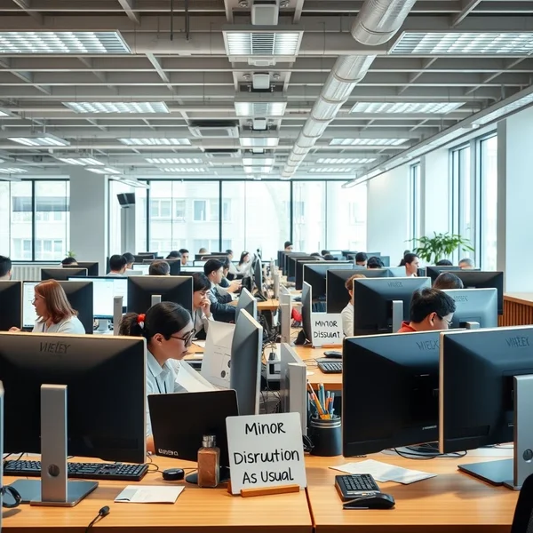 Een kantoor scène waarin alles normaal doorgaat, illustrerend wat Business As Usual betekent