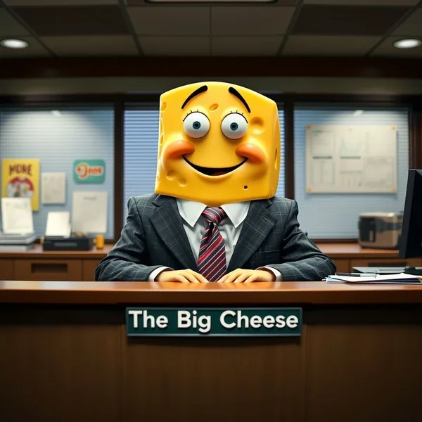 Grafik bergaya yang menggambarkan orang penting, mungkin dengan motif keju halus, dengan teks "The Big Cheese: An Important Person Idiom"