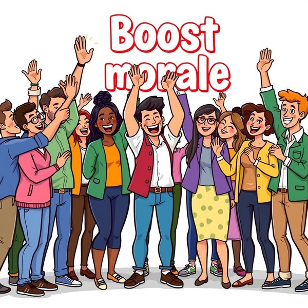 Gambar yang menunjukkan sebuah tim bersorak, menggambarkan konsep Boost Morale
