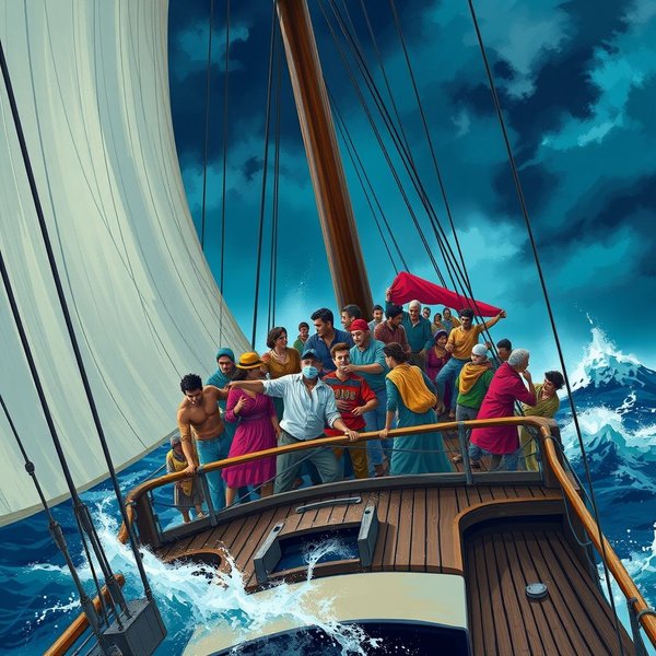 Изображение, символизирующее идиому "All Hands On Deck" с людьми, работающими вместе