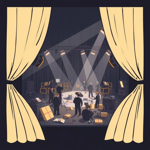 Eine Illustration einer Bühne mit leicht geöffnetem Vorhang, der Menschen bei der Arbeit zeigt, was das Konzept von Behind The Scenes repräsentiert