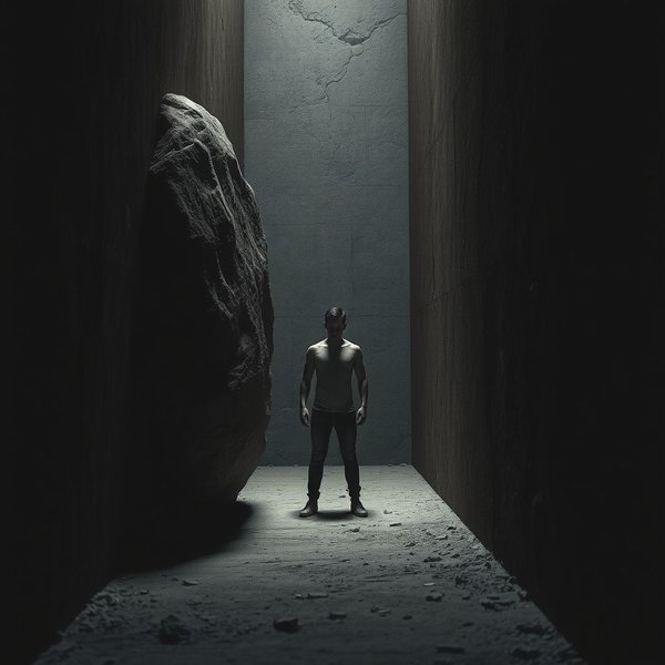 Mann sieht verwirrt aus, symbolisiert die Redewendung „Between A Rock And A Hard Place“