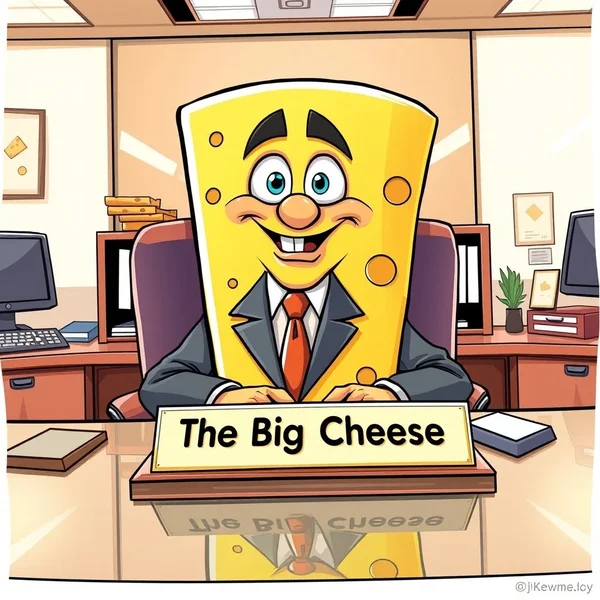 رسمة فنية تمثل شخصًا مهمًا، ربما مع لمسة من شكل الجبن، مع النص "The Big Cheese: Idiom عن شخص مهم"