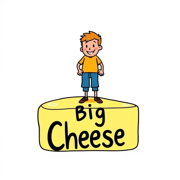 ภาพกราฟิกแสดงบุคคลสำคัญ พร้อมดีไซน์เล็กสอดแทรกเป็นชีส ข้อความ "The Big Cheese: An Important Person Idiom"