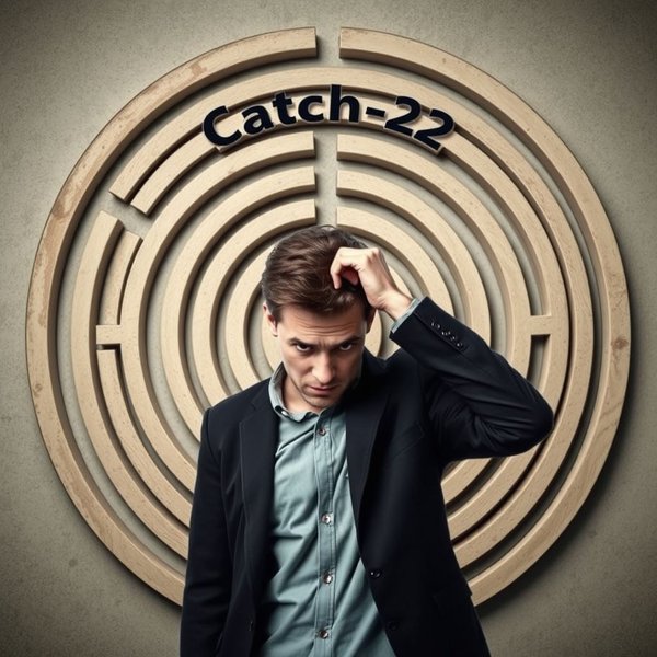 Eine visuelle Darstellung einer Person, die verwirrt vor einer Catch-22 Situation steht, vielleicht ein kreisförmiges Labyrinth ohne Ausgang