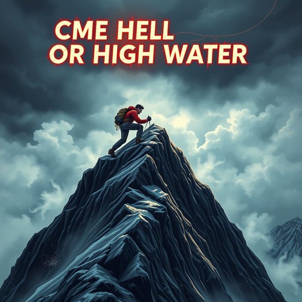 決意を示す画像：障害を乗り越えて目標を達成する人、「Come Hell Or High Water」の文字が重ねられている