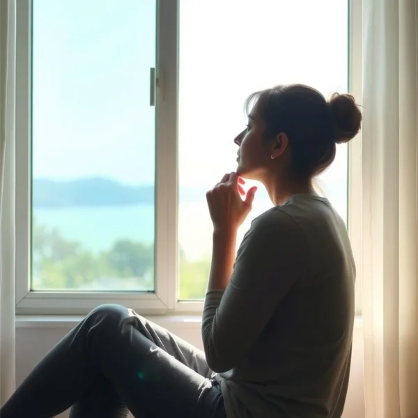 Bild einer Person, die nachdenklich aus einem Fenster schaut, veranschaulicht das Konzept von Come To Terms With