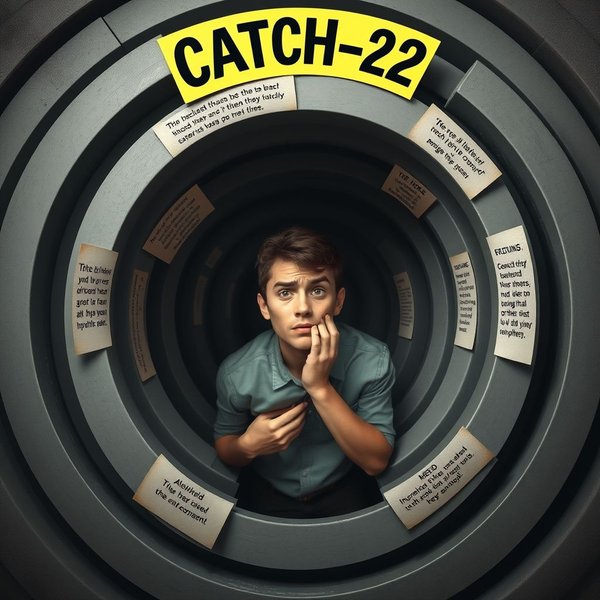 Een visuele representatie van een persoon die verwarring toont bij een Catch-22 Situation, misschien een cirkelvormig doolhof zonder uitgang