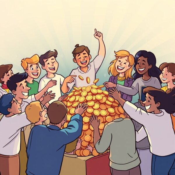  People putting coins together, illustrating the idiom "Chip In"