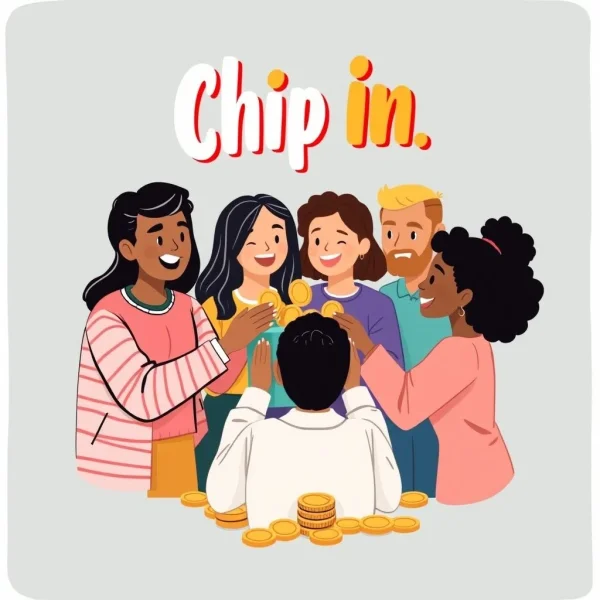 People putting coins together, illustrating the idiom "Chip In"