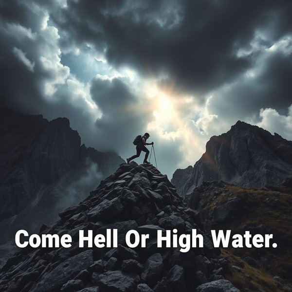 Gambar yang menggambarkan determinasi: Seseorang mencapai tujuan meskipun ada rintangan, dengan teks "Come Hell Or High Water" di atasnya
