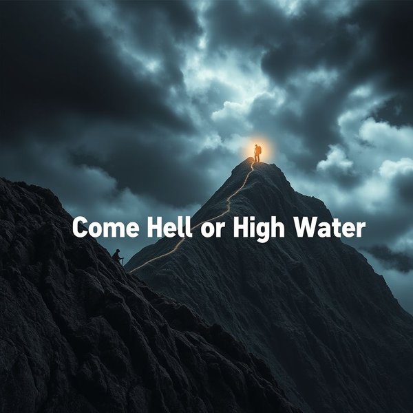 Bild, das Entschlossenheit zeigt: Jemand erreicht ein Ziel trotz Hindernissen, mit dem Text "Come Hell Or High Water" darübergelegt