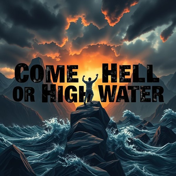 表现决心的图片：有人在困难中达成目标，文字“Come Hell Or High Water”覆盖其上