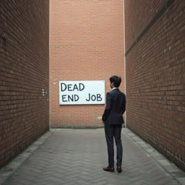 積み上げたレンガの壁に突き当たる道と「Dead End Job」を示すイラスト