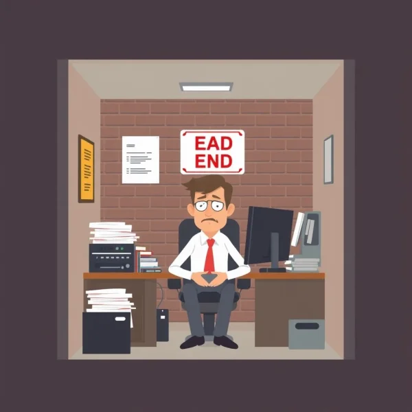 벽으로 막힌 길을 보여주는 일러스트, Dead End Job을 의미