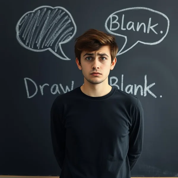 Afbeelding van iemand die verward kijkt, probeert zich iets te herinneren, met de tekst "Draw A Blank"