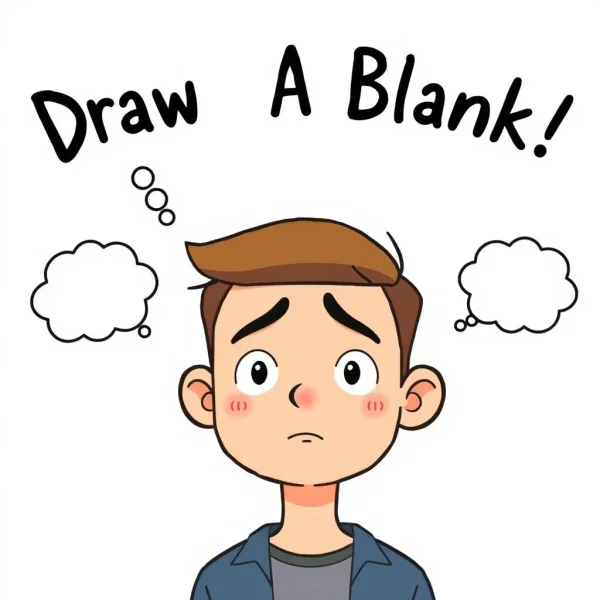 Birinin kafası karışmış, bir şeyi hatırlamaya çalışan bir şekilde sorduğunu gösteren, üzerinde "Draw A Blank" metni olan imaj