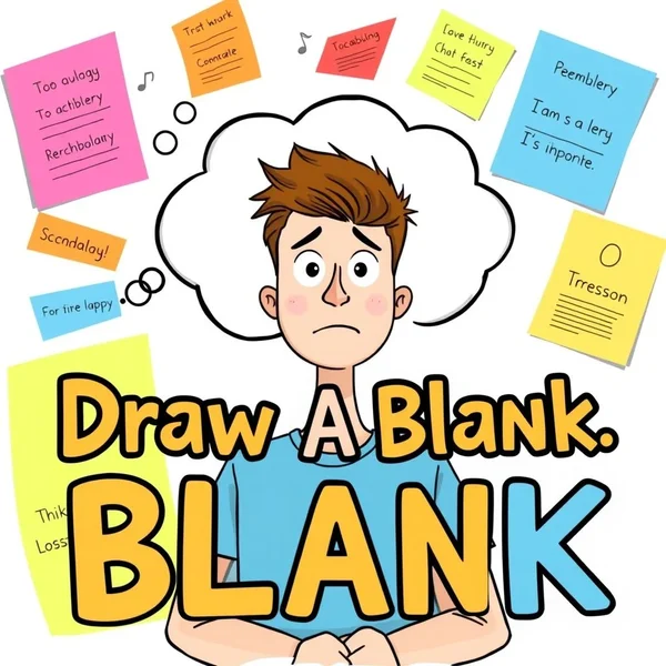 Bild zeigt eine verwirrte Person, die versucht, sich an etwas zu erinnern, mit dem Text „Draw A Blank“