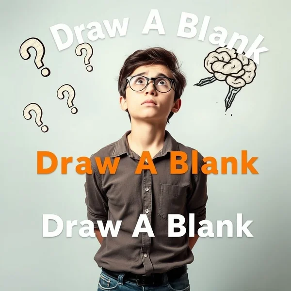Image showing someone looking confused, trying to remember something, with the text "Draw A Blank"