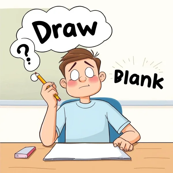 Image showing someone looking confused, trying to remember something, with the text "Draw A Blank"