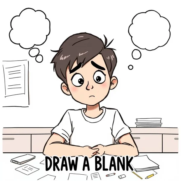 Image showing someone looking confused, trying to remember something, with the text "Draw A Blank"