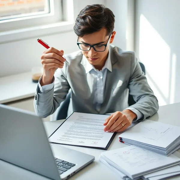 Gambar memperlihatkan seseorang dengan cermat meninjau sebuah dokumen, menggambarkan arti Dot The I's And Cross The T's