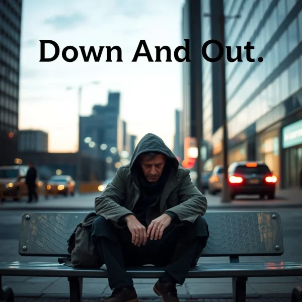 Мужчина сидит в одиночестве, выглядит Down And Out