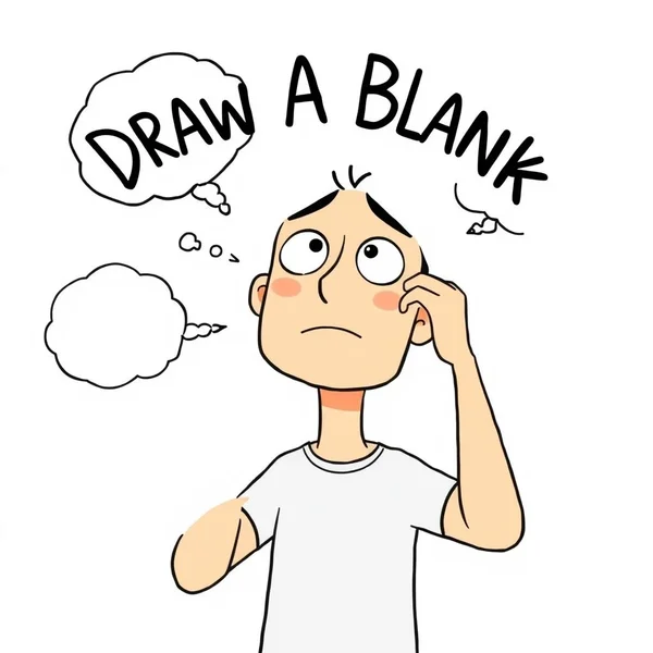 ภาพแสดงคนที่ดูสับสน พยายามนึกอะไรบางอย่าง พร้อมข้อความ "Draw A Blank"