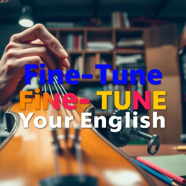 Immagine che mostra qualcuno che fa piccoli aggiustamenti a uno strumento o a una macchina, con il testo "Understanding how to Fine-Tune your English skills"