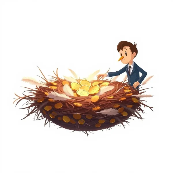 Ein gemütliches Nest mit Federn, das jemanden symbolisiert, der sich selbst bereichert, als Illustration zum Sprichwort Feather One's Own Nest