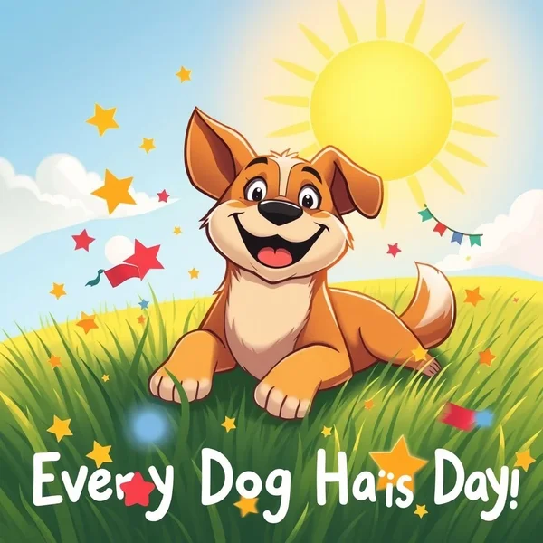 A happy dog basking in sunshine, illustrating the idiom "Every Dog Has Its Day"