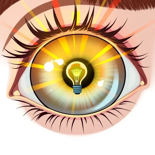 Bild eines weit geöffneten Auges mit einer Glühbirne, das einen Eye-Opener-Moment symbolisiert